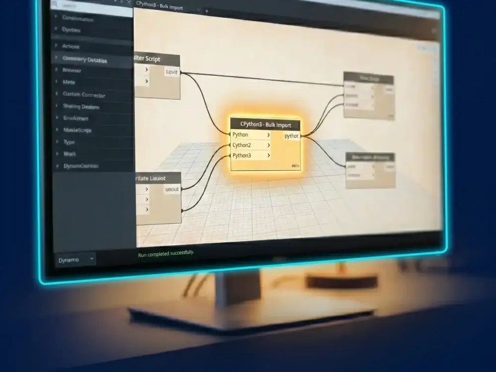 Monitor de computadora mostrando la interfaz de programación visual de Dynamo en Autodesk Revit. En el centro del lienzo de trabajo, destaca un nodo de código llamado "CPython3 - Bulk Import" iluminado en color naranja, representando la automatización y procesamiento de datos BIM.