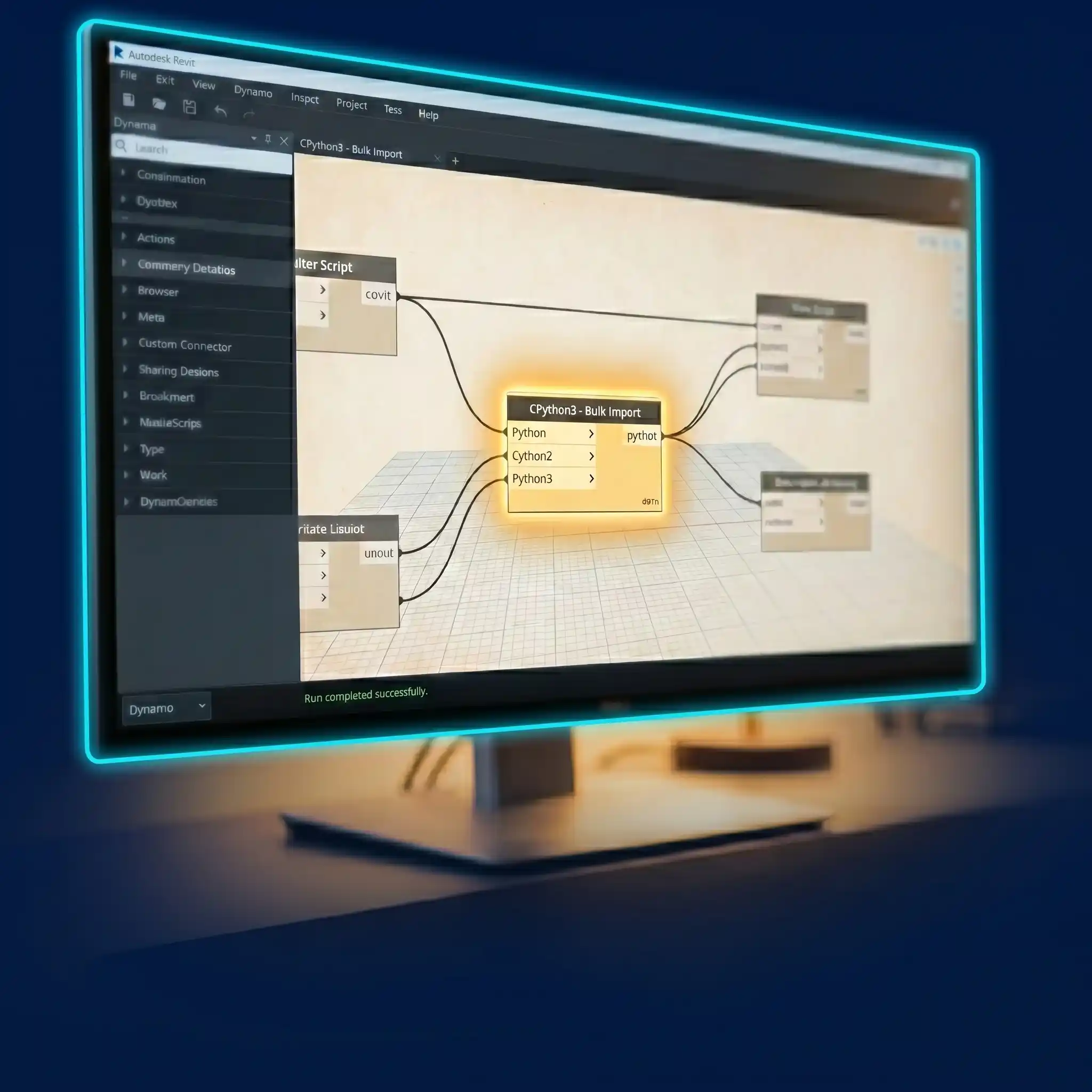 Monitor de computadora mostrando la interfaz de programación visual de Dynamo en Autodesk Revit. En el centro del lienzo de trabajo, destaca un nodo de código llamado "CPython3 - Bulk Import" iluminado en color naranja, representando la automatización y procesamiento de datos BIM.